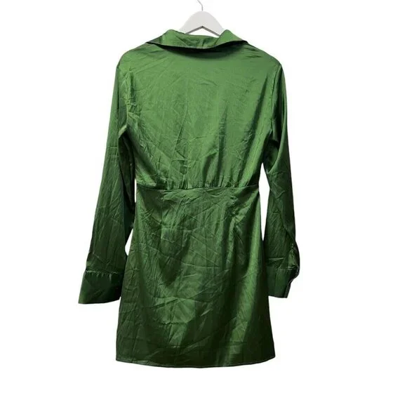 Cider Satin Faux Wrap Mini Dress Short Size‎ S Green L/S V-Neck Ruched Party NWT - Picture 8 of 16